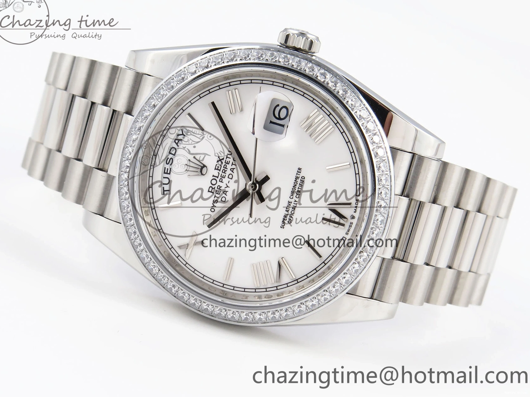 1224 DayDate 40 SS GSF Gain Weight White Roman Dial Diamonds Bezel on President Bracelet A Sustainable 1920
